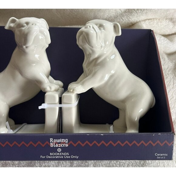 Rowing Blazers Bull Dog White Ceramic Figures Lot of 2 Bookends Home Decor New - Picture 2 of 5